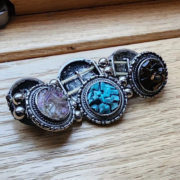 Vintage Mixed Stone Chips Stretch Silver Tone Bracelet - Picture 9 of 16